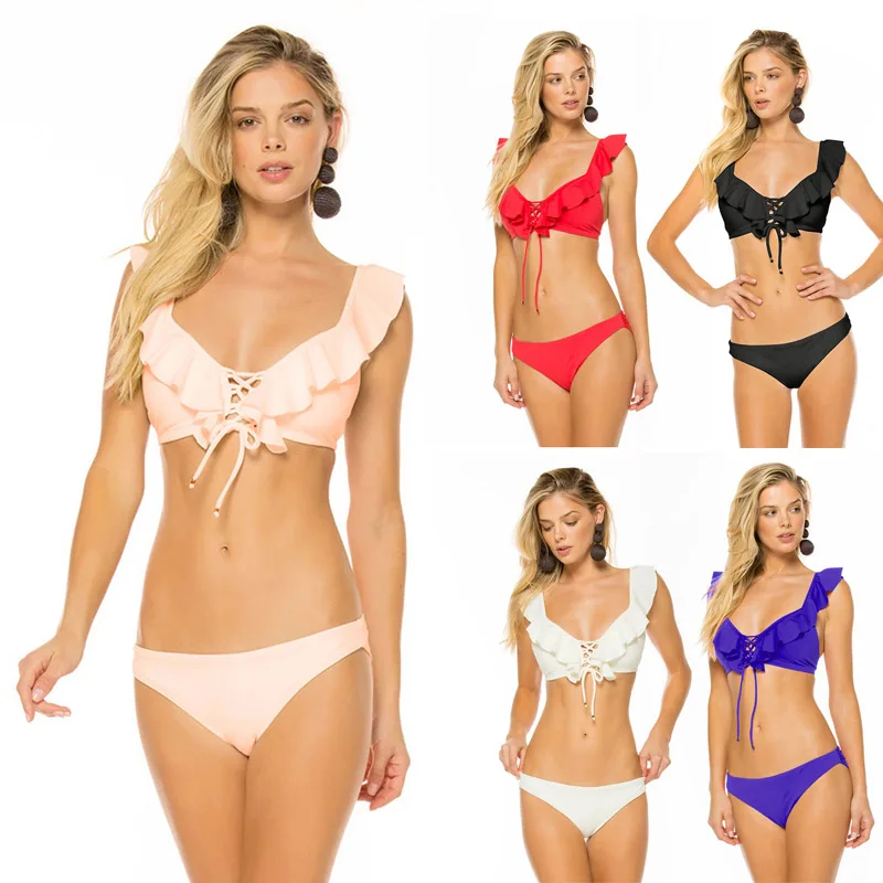 Женский раздельный купальный костюм сплошной цвет завязывается бикини трусы