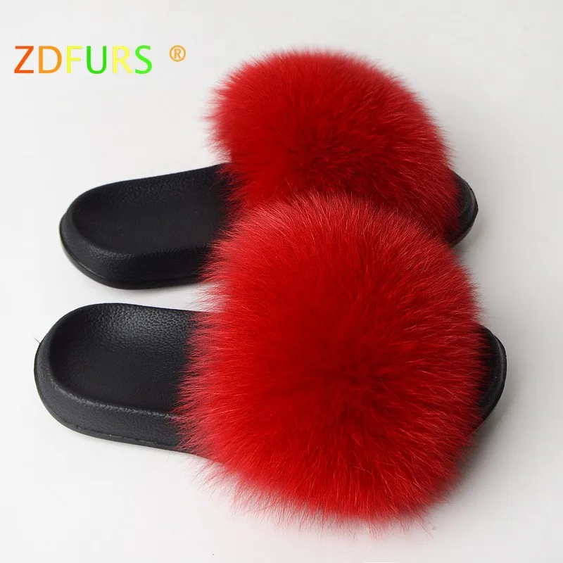 red ZDFURS* ; Лидер продаж; летние шлепанцы из лисьего меха; модные шлепанцы из ЭВА с натуральным мехом; женская пляжная обувь; женские Вьетнамки; яркие цвета - Цвет: red