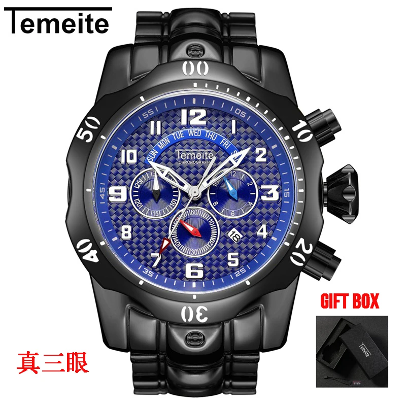 Temeite 9 with box Temeite полностью функциональные Роскошные брендовые Дизайнерские мужские часы кварцевые часы мужские водонепроницаемые мужские наручные часы Relogio Dourado Masculino - Цвет: Temeite 9 with box