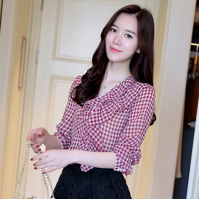 Новинка 2017 года осень оборками Блузка Для женщин красный плед Топы для Женская