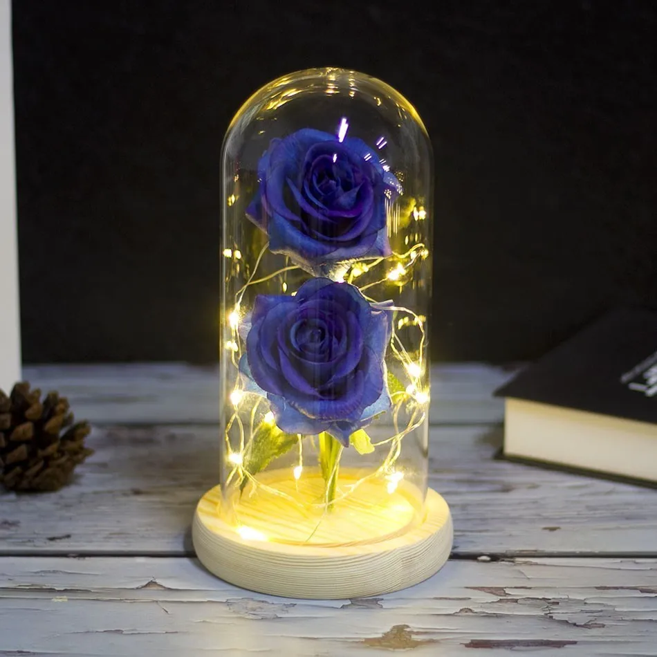 two blue wood Красная в бутылке красоты и позолоченная красная роза со светодиодной подсветкой на стеклянном куполе для свадебной вечеринки для подарка подруги матери - Цвет: two blue wood