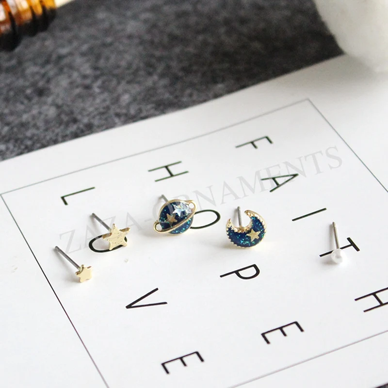 Korea cute star moon clip on earrings for girls round planet minimalis tiny small pairs kawaii gifts | Украшения и аксессуары