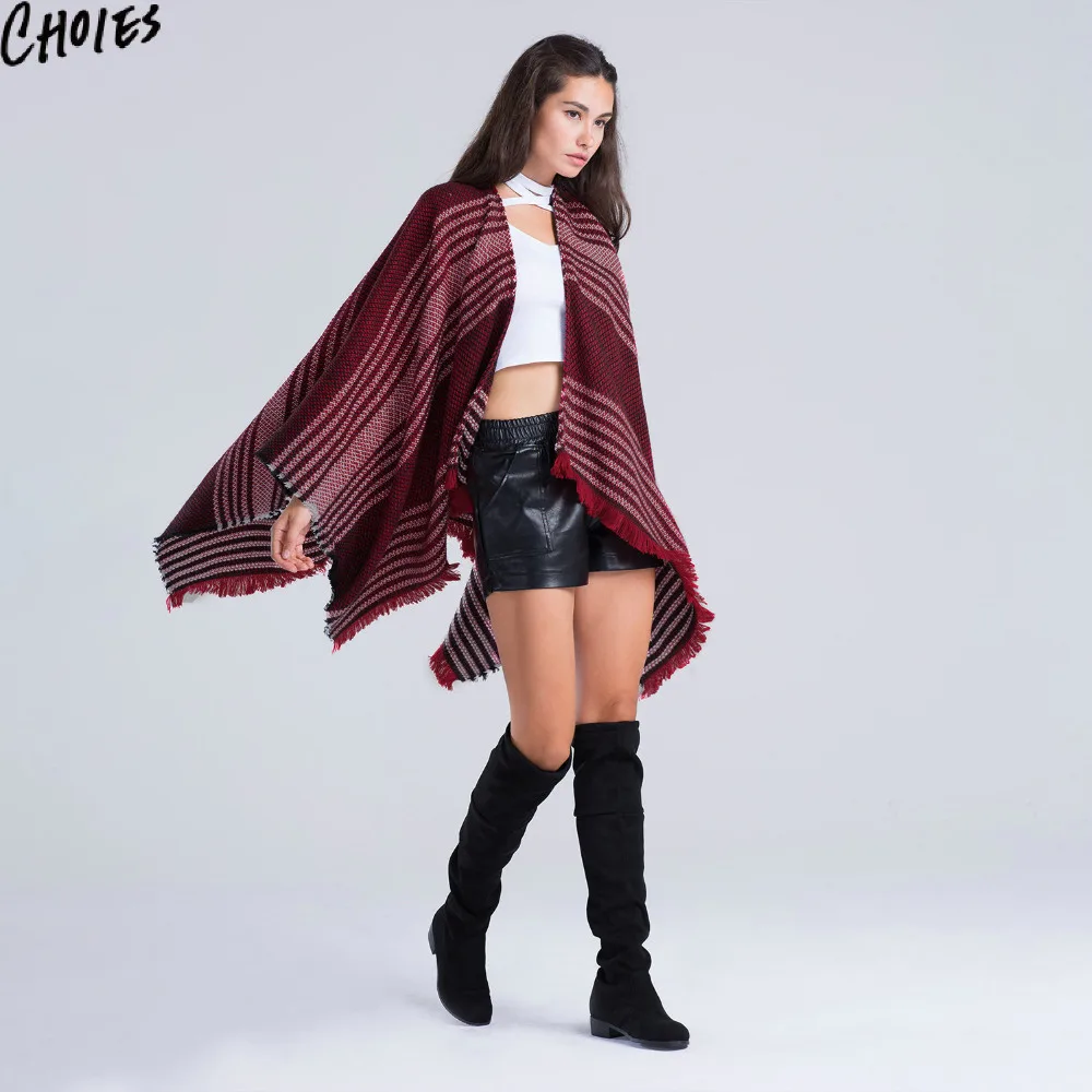 Women Fringed Pashmina Scarf Cape Red Striped Loose Casual Knitted Tassel Poncho 2016 Fall Winter New | Аксессуары для одежды