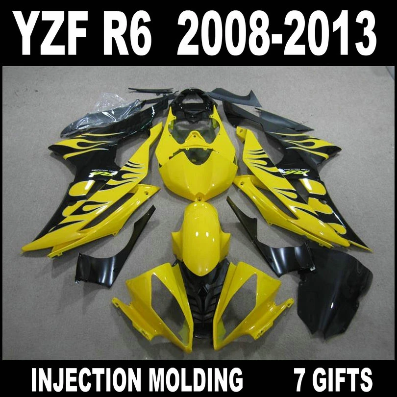 Высококачественные детали для 2008 2009 2013 YAMAHA R6 обтекатели желтое черное пламя 08 09 10