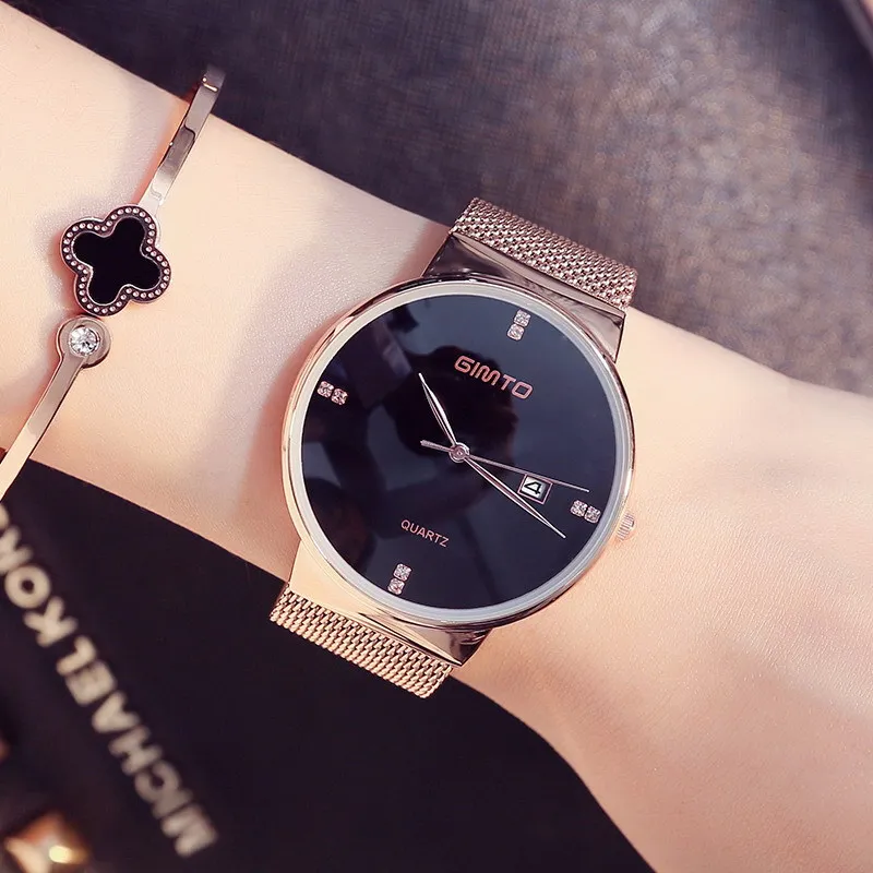 Минималистичные часы черного розового золота женские стразы календарь