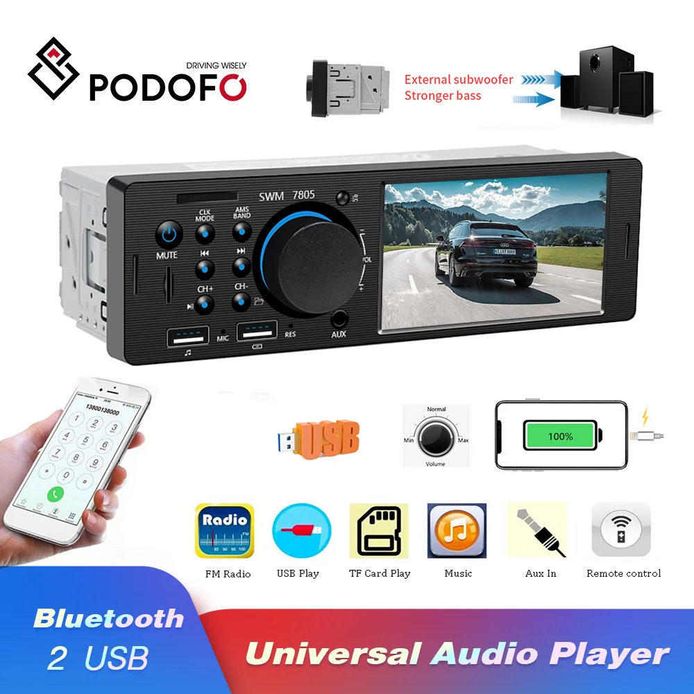 

Podofo 1 Din Car Radio Audio Stereo FM Bluetooth MP5 Multimedia Player 4.1" Autoradio TF/AUX/USB 12V In-dash Remote Control