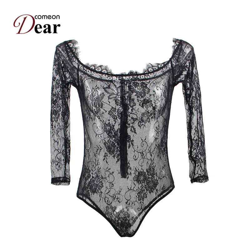 black Comeondear боди сексуальное эротическое нижнее белье с открытыми плечами боди цветочное кружево с длинным рукавом сексуальное женское белье RA80549 - Цвет: black