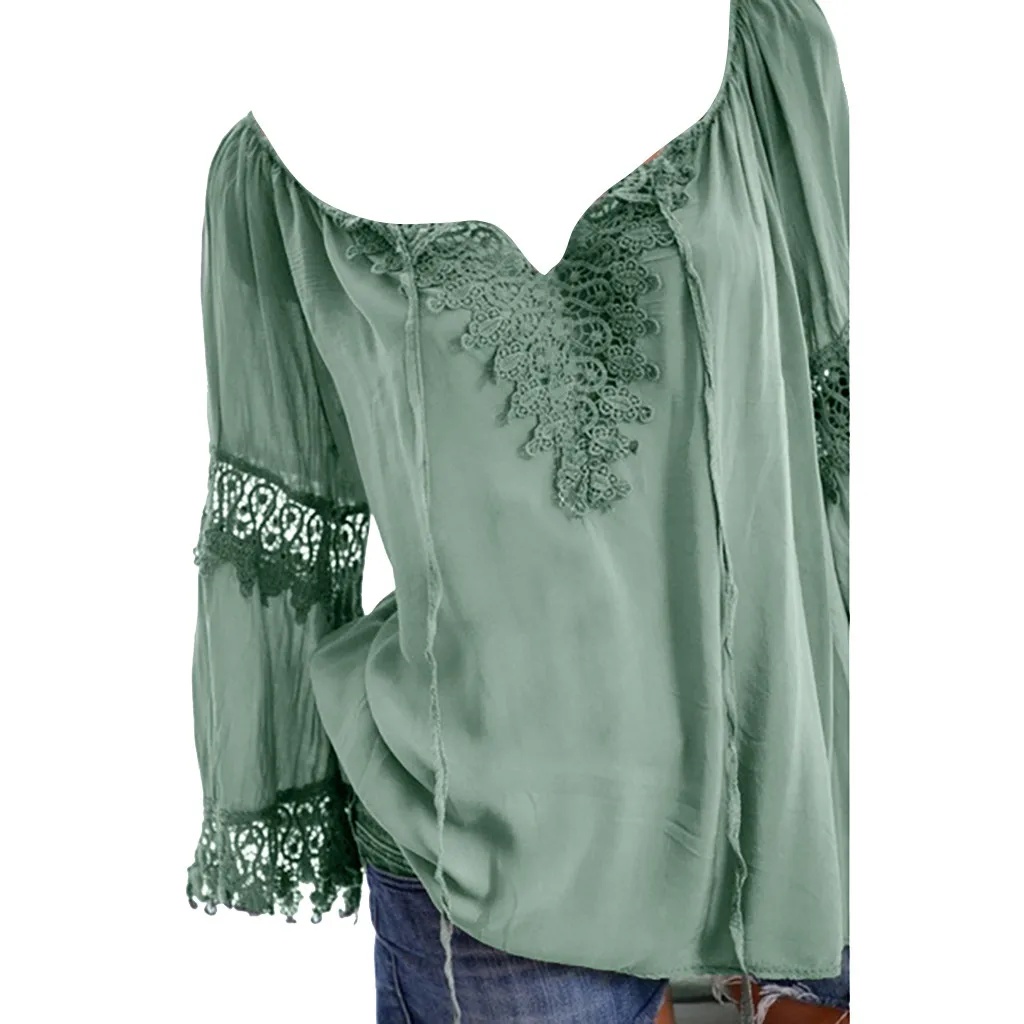 Размера плюс S-5XL Женские топы с открытыми плечами Boho одноцветные женские сексуальные кружевные с длинным рукавом Блузка Топы Свободного Покроя blusas mujer de moda
