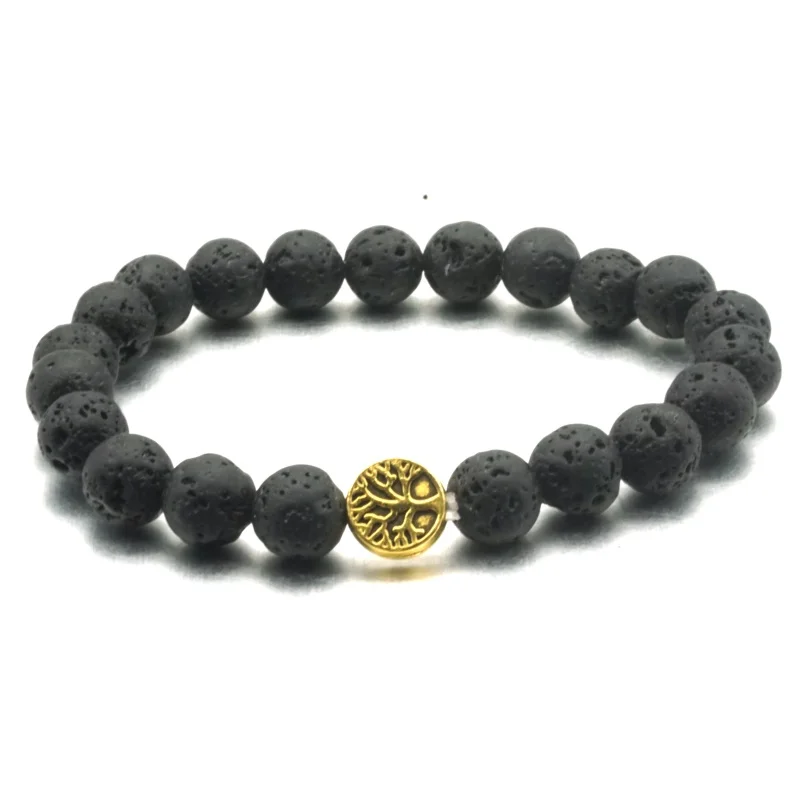 Бусины из черного лавового камня 8 мм с изображением дерева жизни|Плетеные