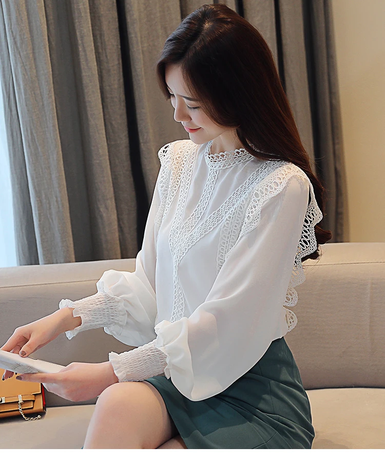 Blusas mujer de moda белая открытая кружевная шифоновая блузка рубашка с рукавом длинным Женские топы и блузки рубашка женская одежда 1448 45