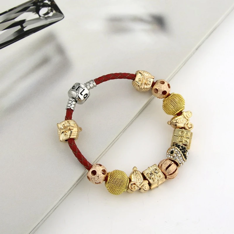 National Red Leather Rope Luxury Gold-color Beads Women Charm Bracelets Mother's Day Gift | Украшения и аксессуары