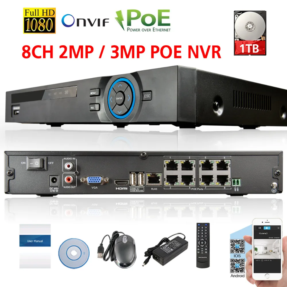 48 V H.264 8 канальный сетевой видеорегистратор 3MP 1080 P POE 8CH XMEYE P2P ONVIF сеть NVR видео