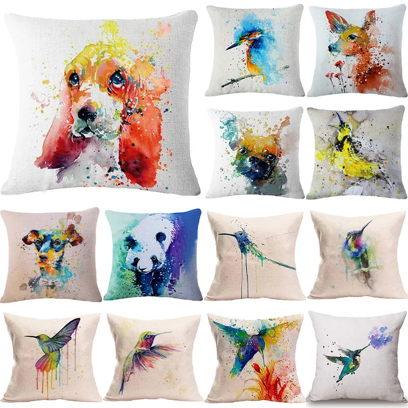 Наволочка с принтом птиц льняная наволочка 45*45 акварельным рисунком