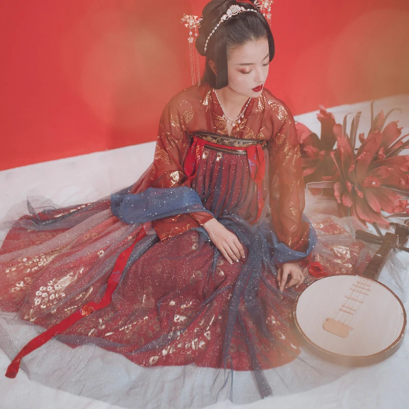 Сверкающий Красный Hanfu для женщин китайские костюмы с блестками косплея древних