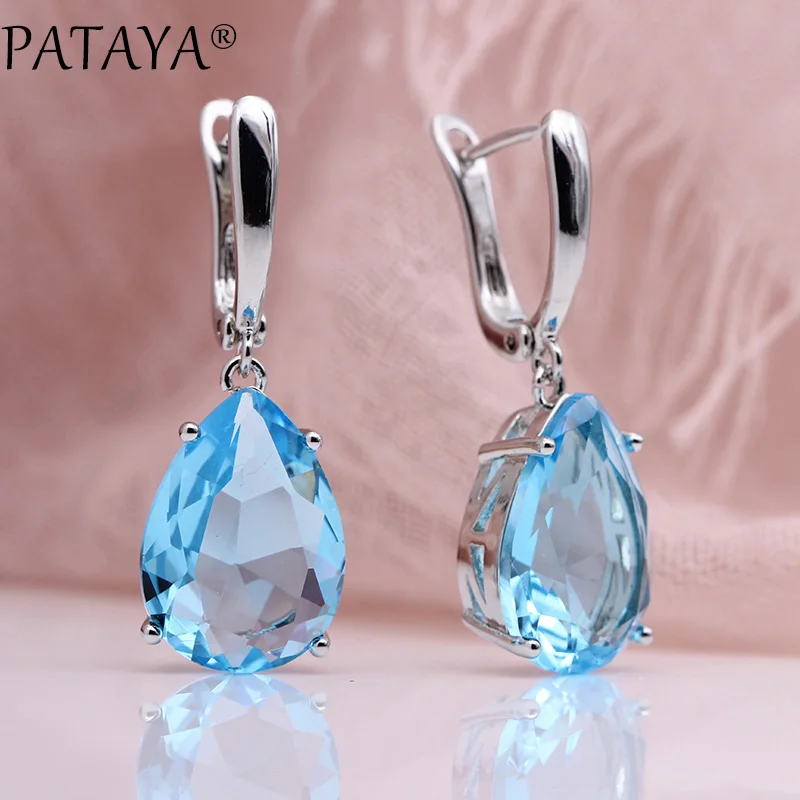 Light Blue PATAYA, новинка, большие висячие серьги в виде капли воды, женские свадебные Роскошные модные ювелирные изделия, белое золото, дымчатый серый натуральный циркон, длинные серьги - Окраска металла: Light Blue