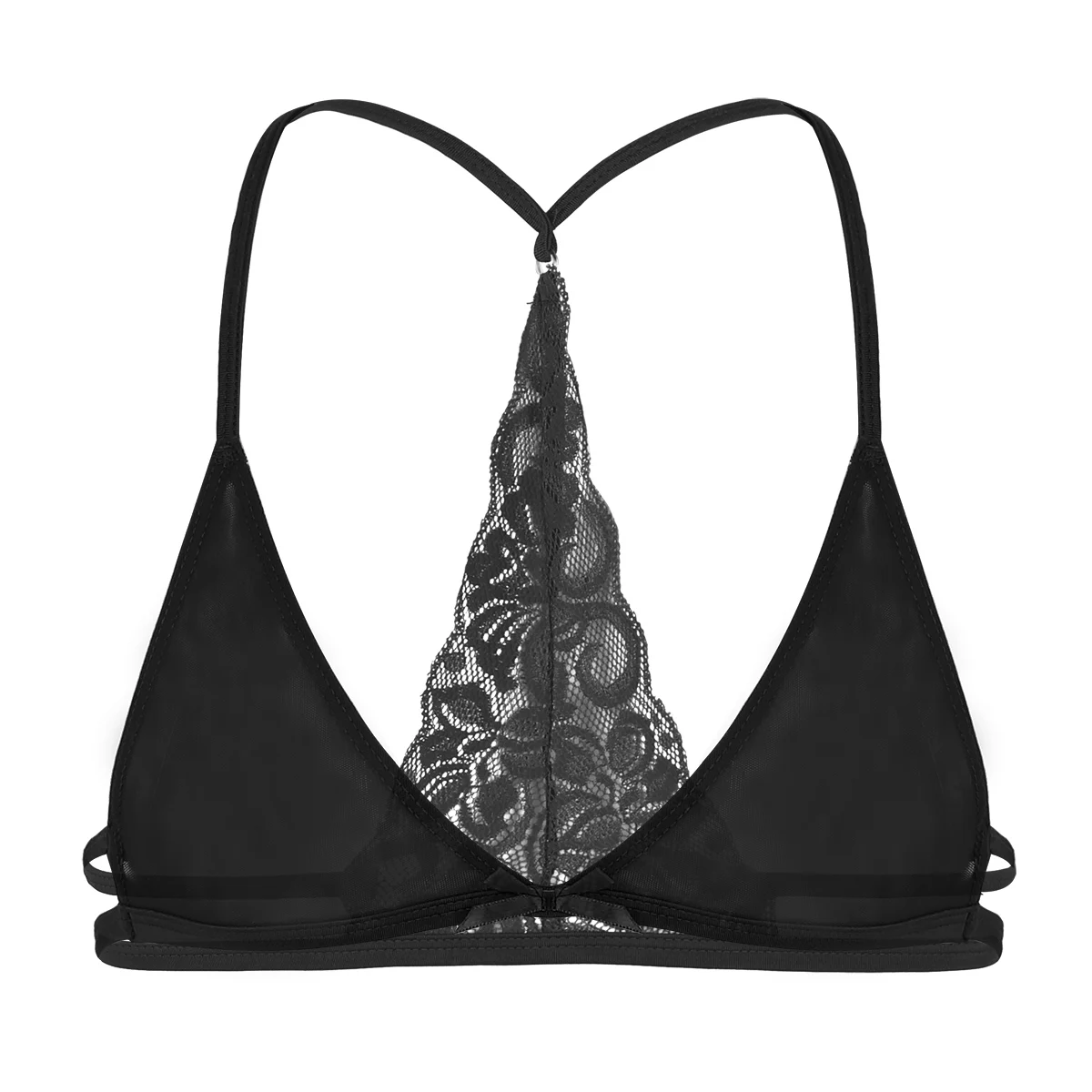 Сексуальное мужское Мужское нижнее белье SISSY Mesh Прозрачная Цветочная кружевная y-образная задняя часть без косточек треугольник без подкладки бюстгальтер Топ - Цвет: Black