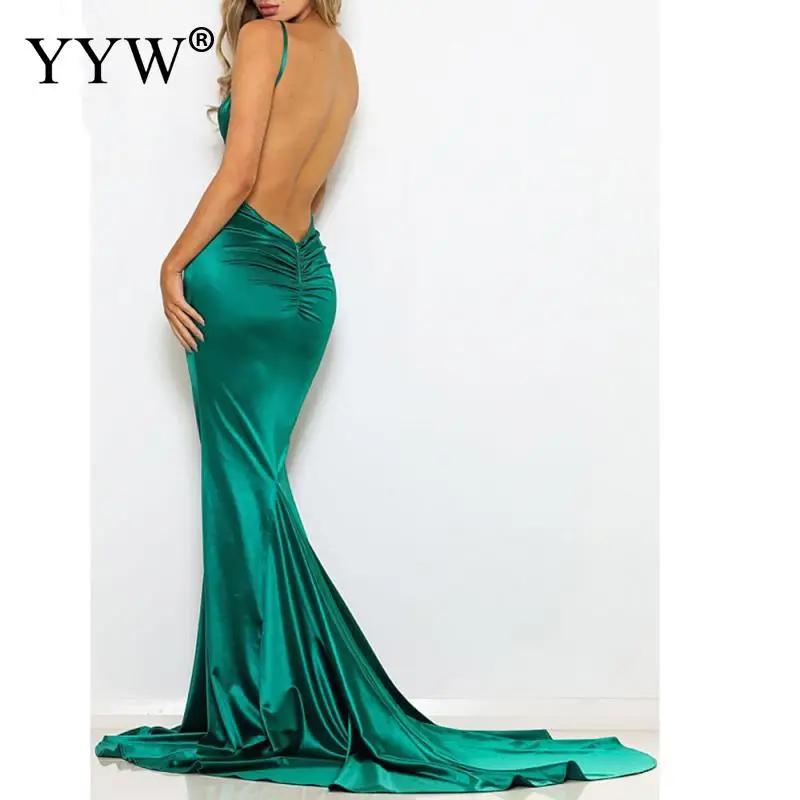 

Sexy Deep V-Neck Stain Party Dress Women Elegant Spaghetti Strap Sleeveless Luxury Floor Length Evening Party Formal Long Dress