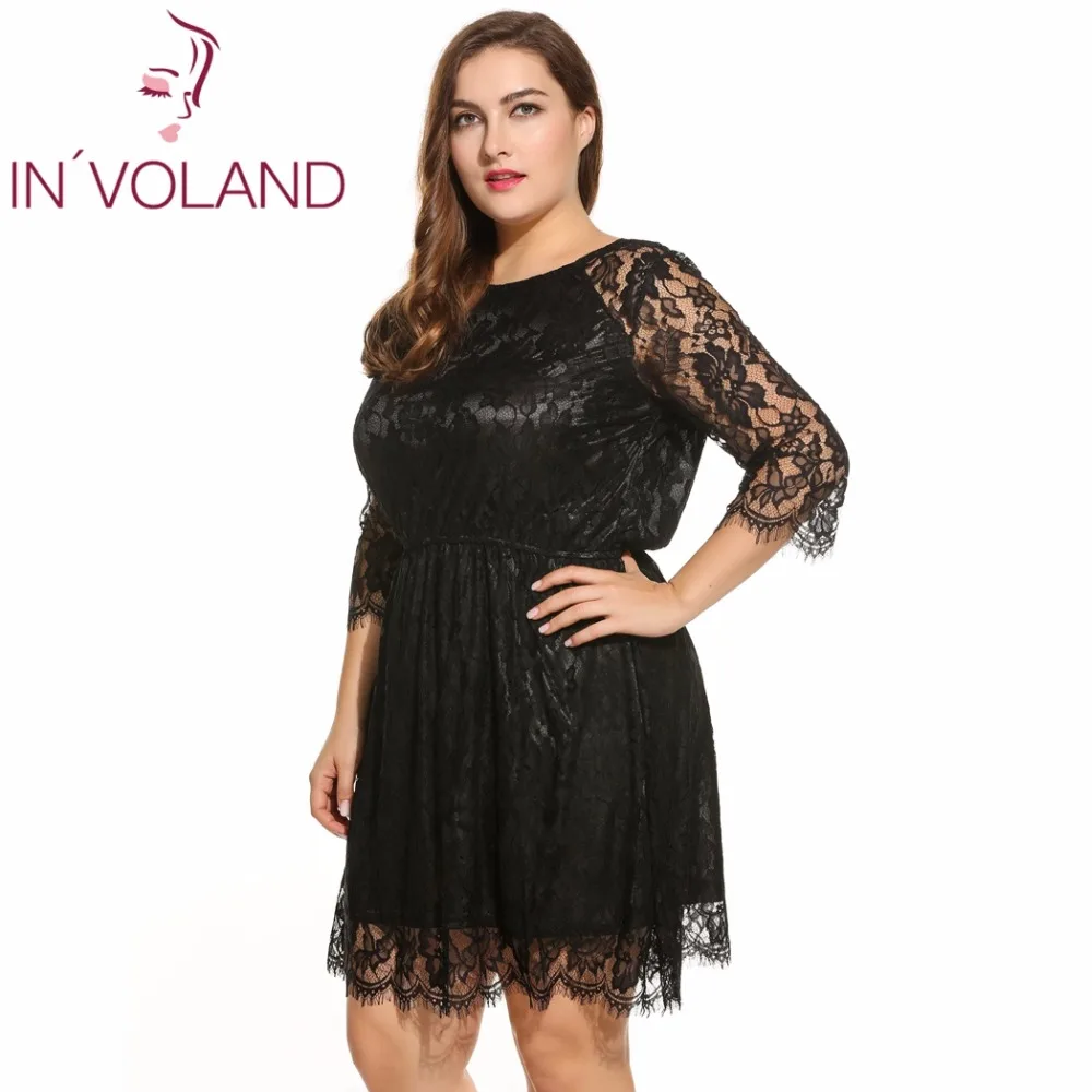 IN'VOLAND Women Lace Dress Plus Size 4XL Vintage Spring Autumn Long Sleeve Solid O Neck Party Dresses Feminino Vestidos | Женская