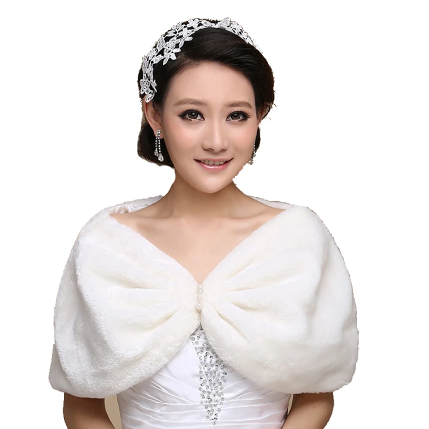 

Free Shipping Winter Sleeveless White Bridal Wraps Warm Ivory Faux Fur Bridal Bolero Crop Black Faux Fur wedding Jacket AL5459