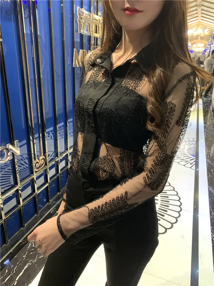 DangalFashion, женские блузки из тюля с бисером, Сексуальные клубные летние тонкие рубашки с длинным рукавом, прозрачные, золотые, зубчатые, вечерние, топы для девочек