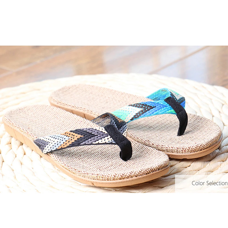 Шлепанцы мужские льняные Нескользящие сандалии для улицы пляжа гостиницы дома - Фото №1