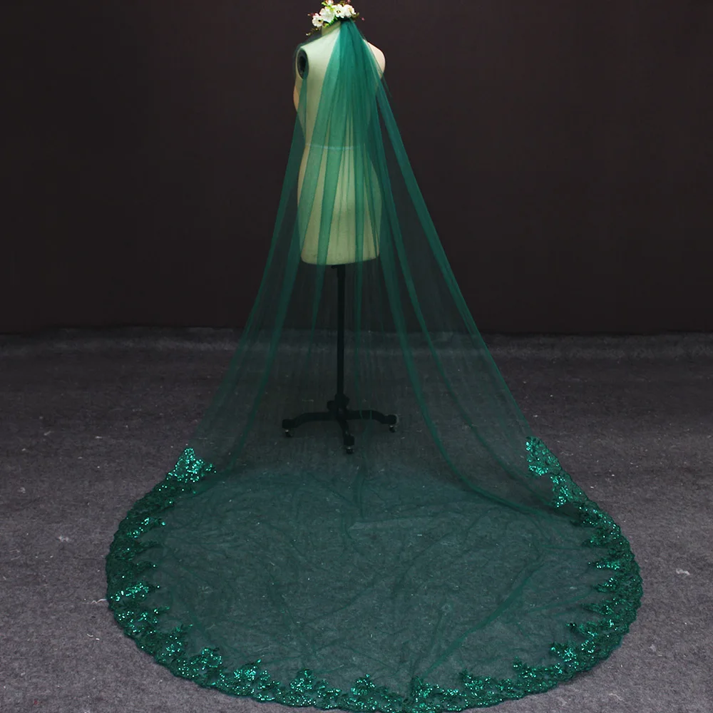 Новинка 3 метра один слой кружева внизу Зеленый Тюль свадебная фата м Длинная для