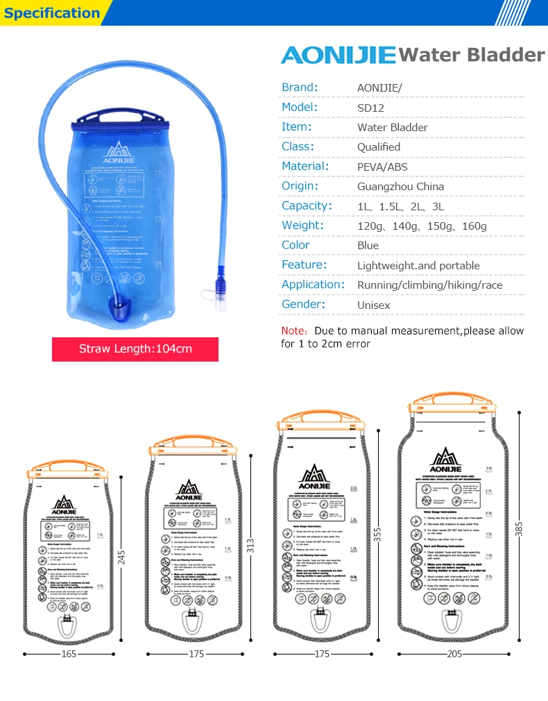 Открытый водный Пузырь гидратация пакет сумка для хранения BPA Free 1L 1.5L 2L 3L бега