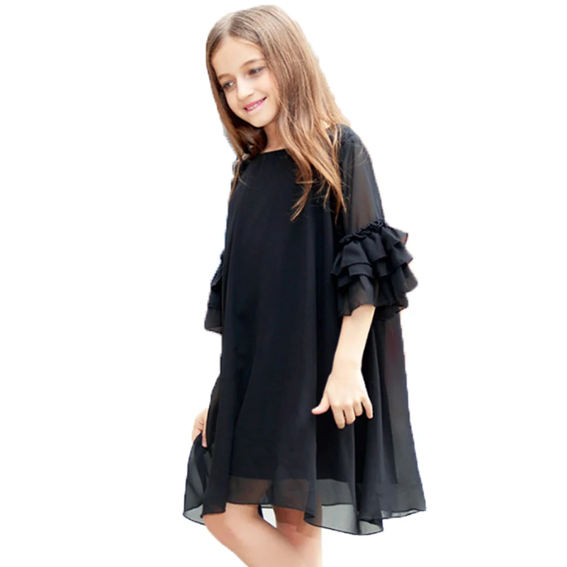Big Size Fashion Girls Dress Summer Flare Sleeve Chiffon Kids Teenager Vestidos Black Girl 6 - 15 years | Детская одежда и обувь
