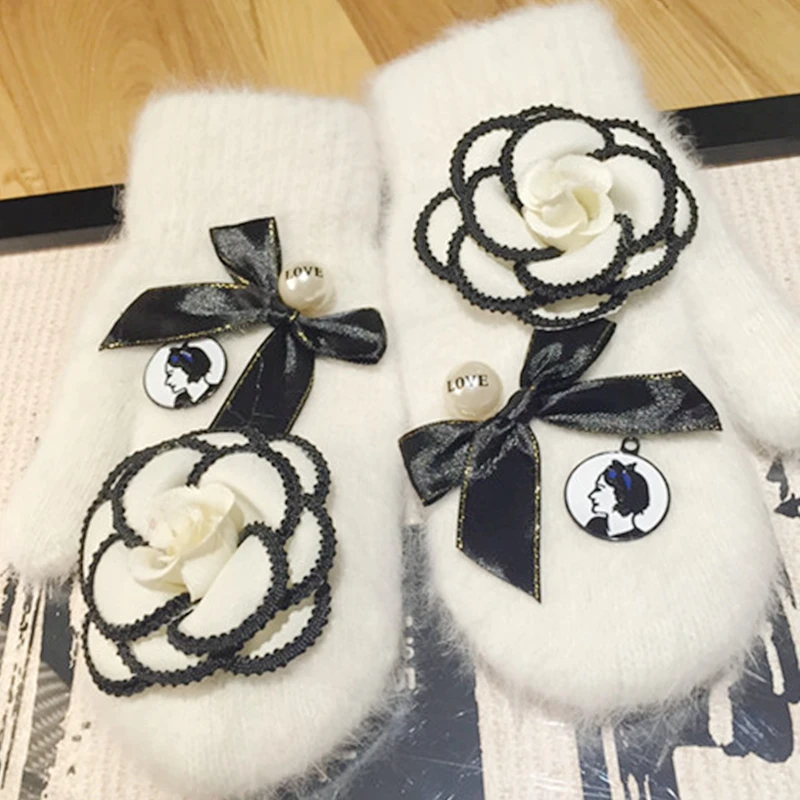 Женские перчатки с большим цветком женские из кроличьего меха варежки без