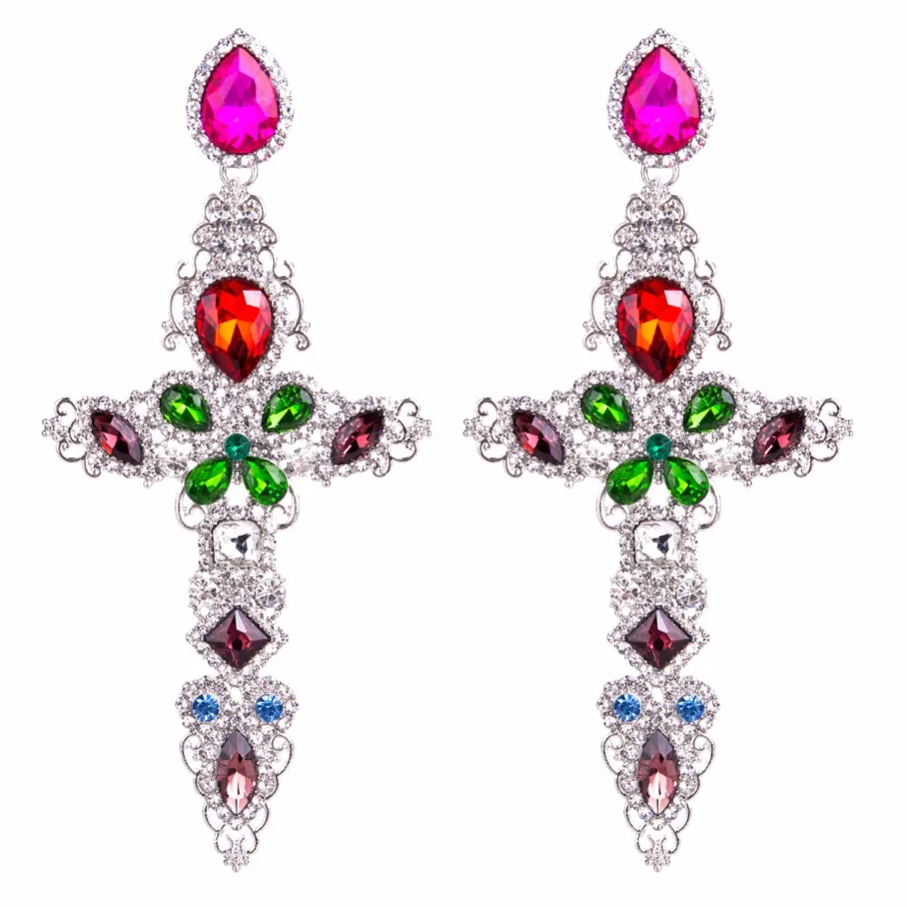 Gorgeous Gothic Rhinestone Crystal Big Cross Earrings for Women Fashion Baroque Drop Dangle Ethnic Jewelry | Украшения и