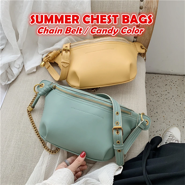 Burminsa Summer Chain Soft Chest Bags For Girls Candy Color Women Sling Waist Pack Phone Crossbody Bags Yellow White Green