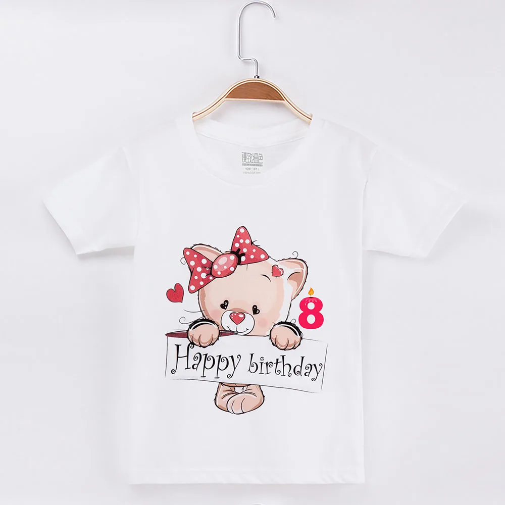Детская футболка белые От 1 до 13 лет с днем рождения Kawaii Bear хлопковые короткие детские футболки топы для девочек, одежда для маленьких мальчиков, футболка - Цвет: White 8Y
