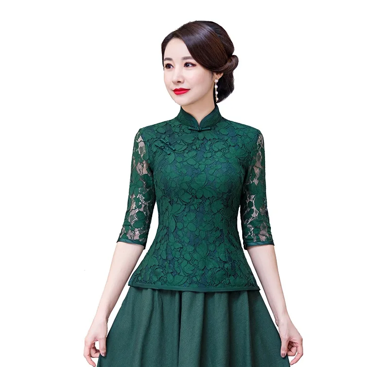 Зеленый Шанхай история 3/4 рукав китайский традиционный Топ кружево Cheongsam рубашка Qipao Топ кружево китайская блузка для женщин - Цвет: Зеленый