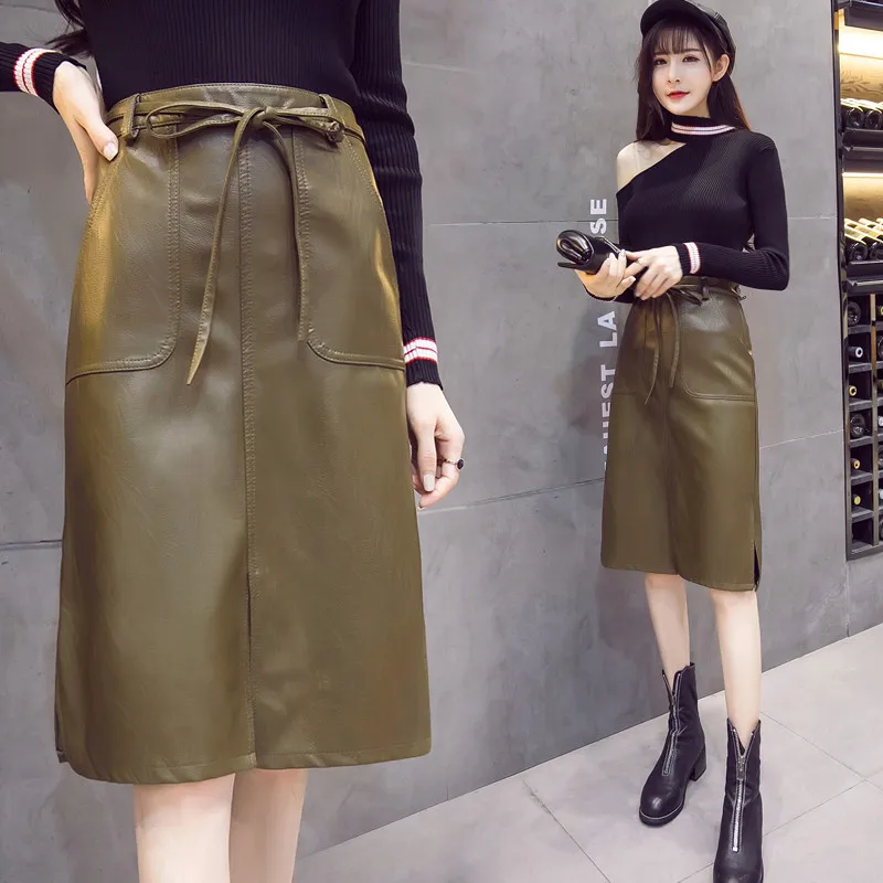 Army green Осень-зима, женские юбки средней длины из искусственной кожи, юбка с карманами, сексуальная трапециевидная посылка, высокая талия, женская одежда YQ171 - Цвет: Army green