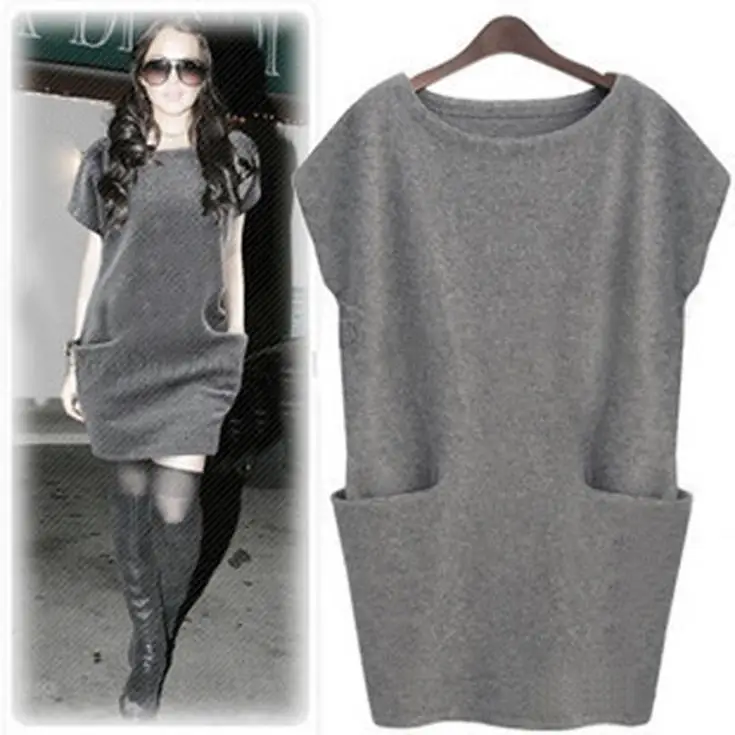 Loose pocket package hip plus size women clothingcasual mini fashion new dress winter spring gray dresses 2015 | Женская одежда