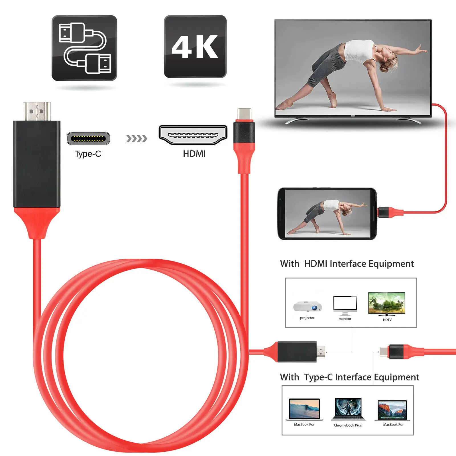 USB-C Тип C к HDMI HD tv 4K кабель адаптер для samsung Galaxy S10 Note 9 MacBook