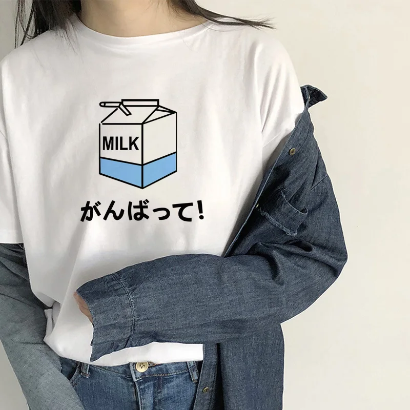 Футболка Ulzzang в стиле Харадзюку милые топы с мультяшным принтом молочного цвета