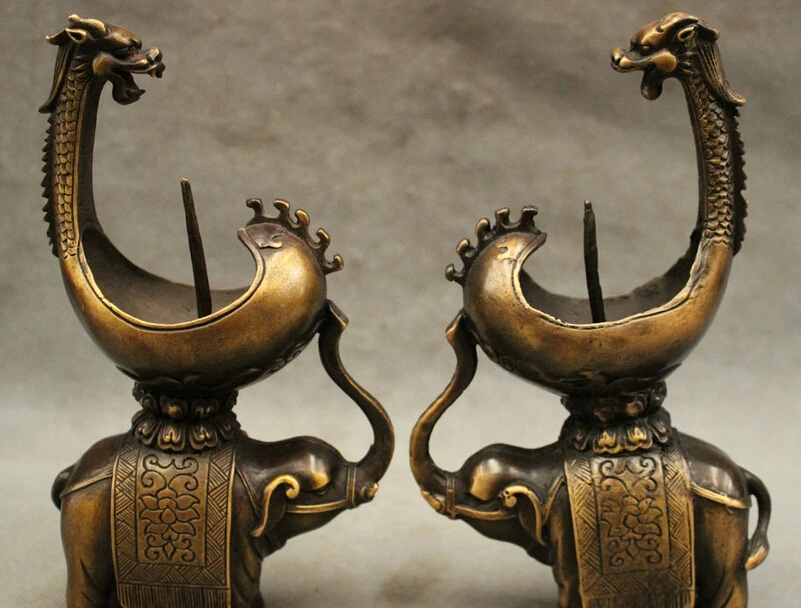 

song voge gem S2391 8" Chinese Bronze FengShui Dragon Head Ride Elephant Statue Candle Stick Holder