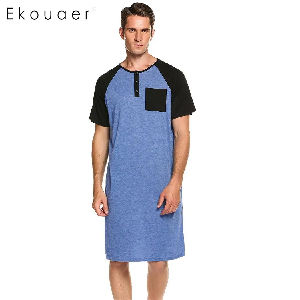Navy Blue Ekouaer, мужская пижама, длинная ночная рубашка, короткий рукав, ночная рубашка, удобная свободная рубашка для сна, Мужская домашняя одежда, ночная рубашка - Цвет: Navy Blue