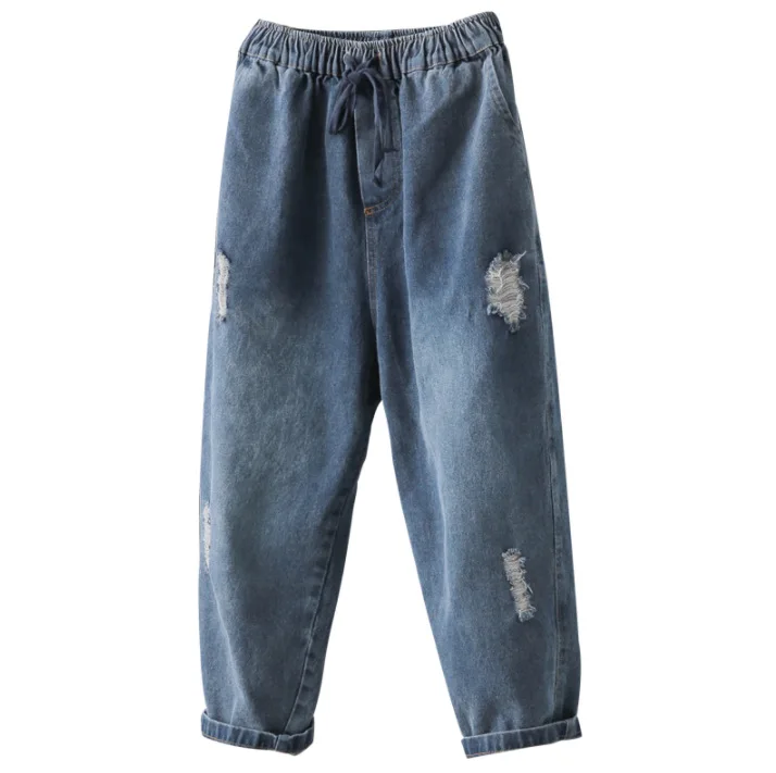 Women Ripped Ankle-Length Jeans Spring Autumn Solid Color Elastic Waist Drawstring Bleached Casual Harem Pants Female Wild Tide |