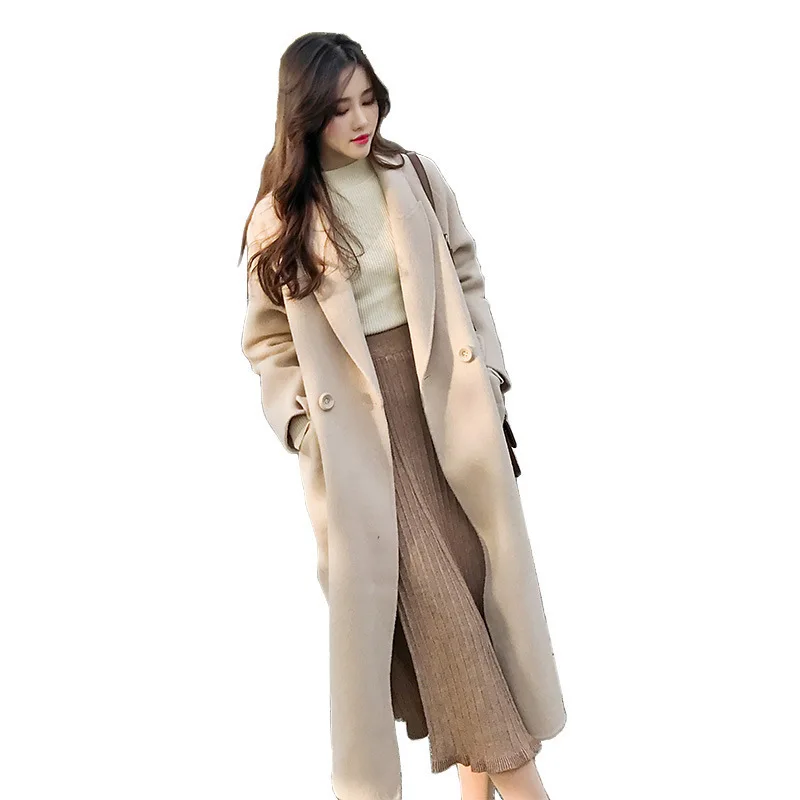 Офисная Женская Длинная шерстяная зимняя куртка однотонное свободное шерстяное