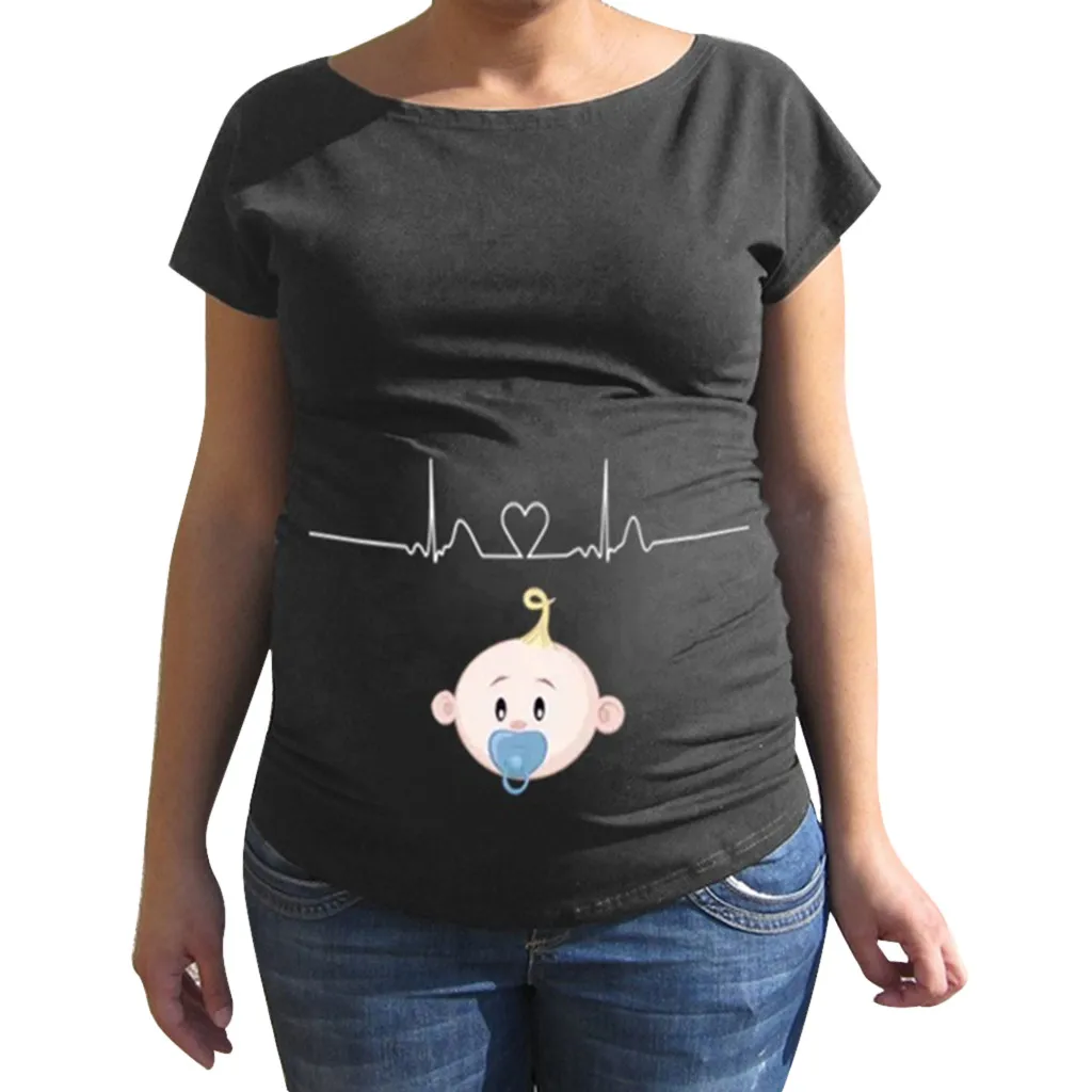 Серый Женская одежда для беременных; ropa de mujer; Повседневная футболка с короткими рукавами и рисунком для беременных; топы для беременных - Цвет: Серый