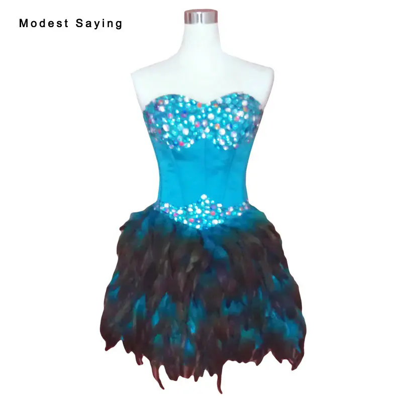 Роскошные Синие Короткие коктейльные платья а силуэта с перьями модель 2017 года