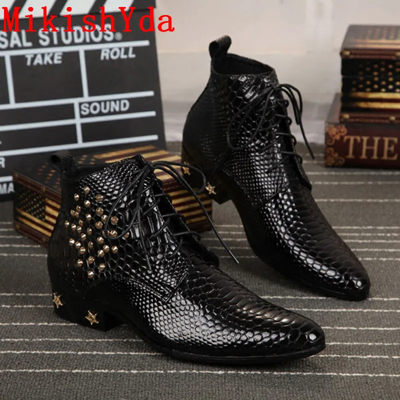 Кожаные мужские ботильоны размера плюс 2018 ковбойские ботинки на высоком каблуке