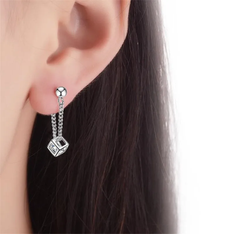KOFSAC 2018 New Shiny CZ Square Chain Type Earrings For Women Fashion 925 Sterling Silver Stud Earring Fine Jewelry Brincos | Украшения и