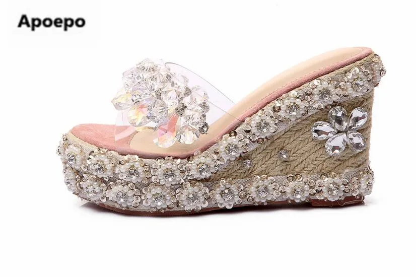 

Sales women slippers bling bling crystal embellished wedge sandal luxury glitter platform slipper cutouts summer shoes women