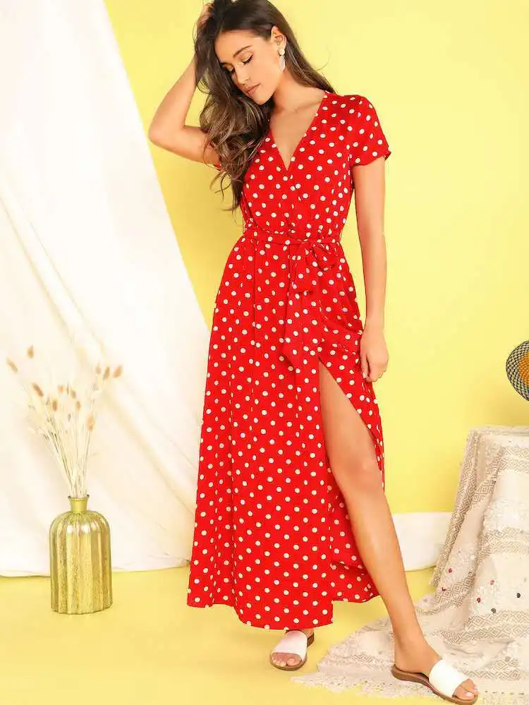 

Red V Neck Polka Dot Split Thigh Wrap Belted Boho Maxi Dress Women 2019 Summer Holiday A Line Vacation Long Dresses