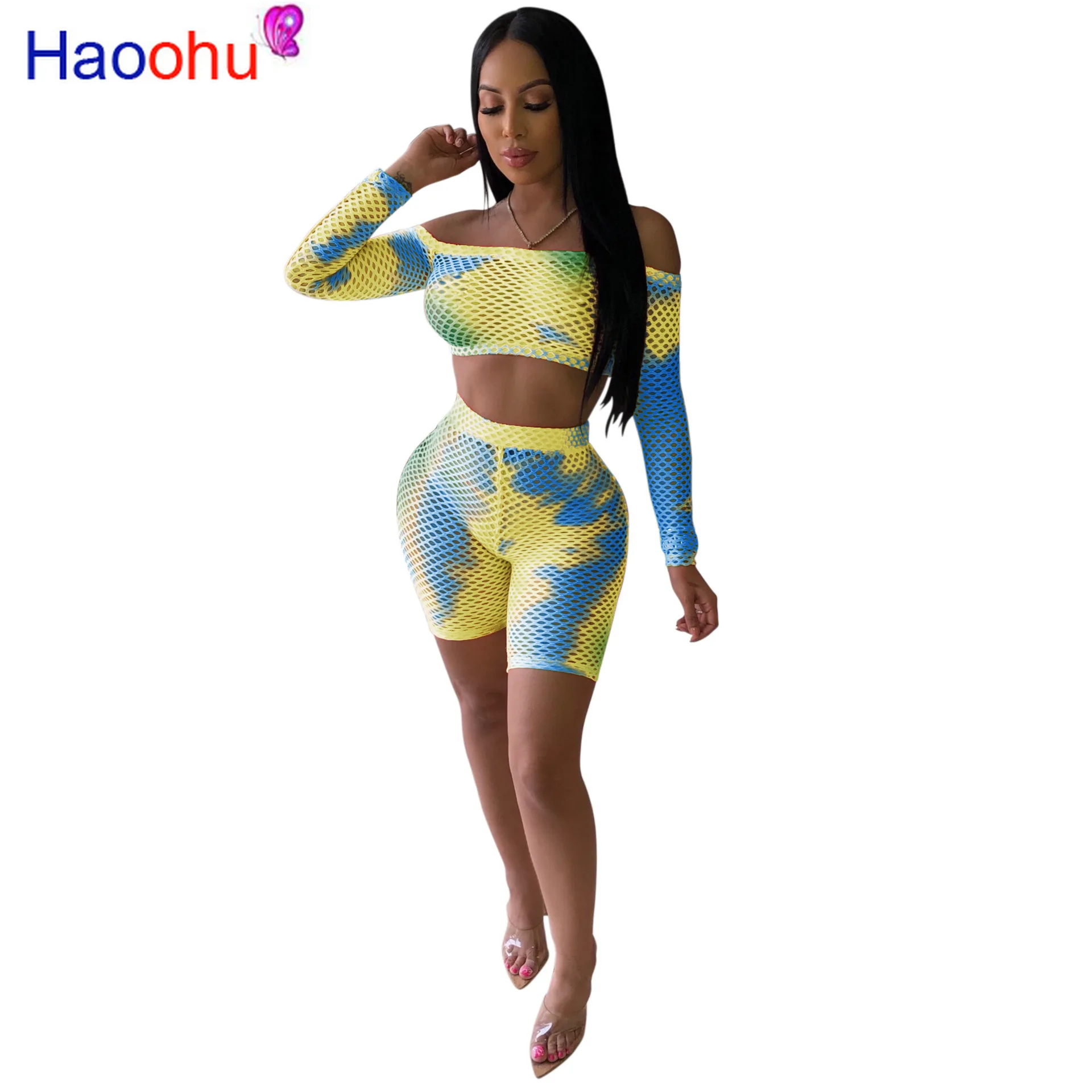 HAOOHU новинка 2019 модные женские комплекты из 2 предметов с принтом вырезом лодочкой