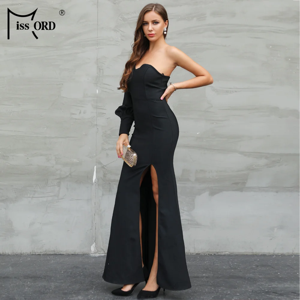 MIssord 2019 Sexy бретелек одна сторона с пышными рукавами одно разделение бинты Макси