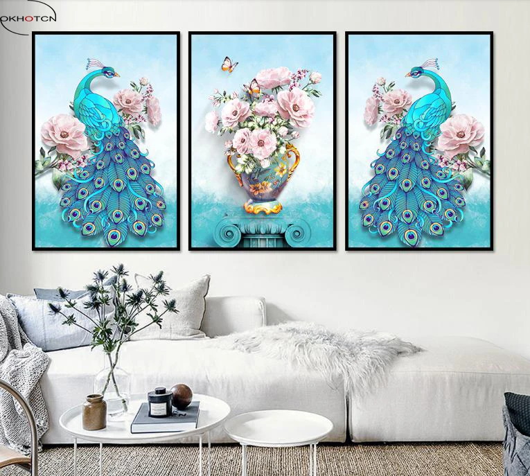 

Unframed 3 Pieces/Set Blue Peacock Pink Flower Vase Picture Modular Nordic Painting Wall Art Decor For Living Room